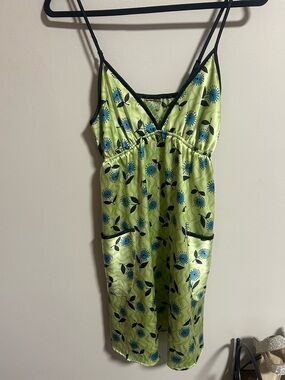 Green Floral Satin Slip Dress with Blue Accent